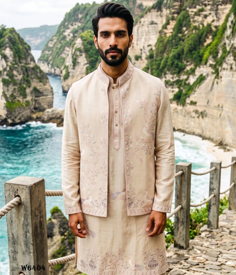 Cream Outluk Wedding Vol 64 Linen Embroidery Mens Indo Western W6404 